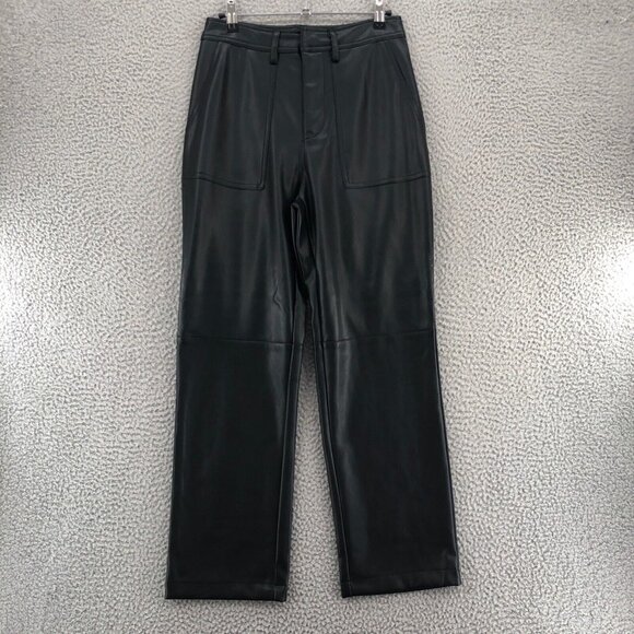 7 For All Mankind Pants Women Small Black Faux Leather PU Stretch Ankle Straight - Picture 1 of 13